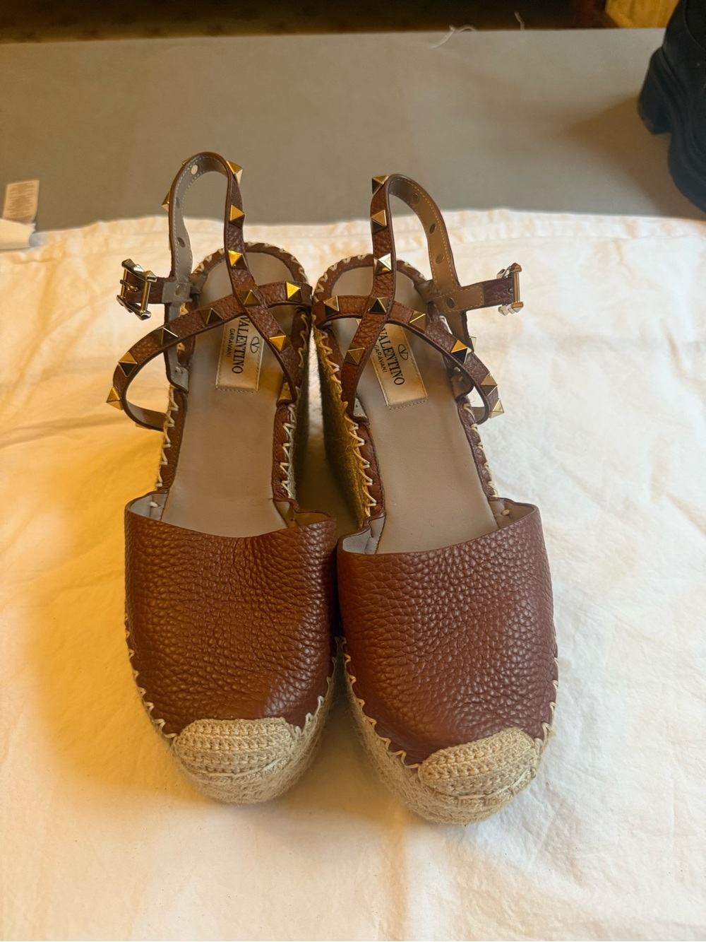 Valentino Brown Leather Rockstud Espadrille Wedges with Ankle Straps